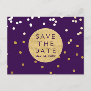 Carte Postale Faire-part Dots Confetti Purple & Gold brillants Enregistrer 