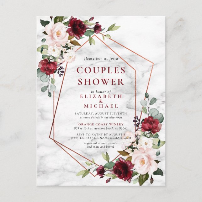 Carte Postale Faire-part Douche Couples en marbre bordeaux en cuivre géomét (Devant)