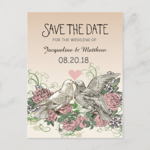 Carte Postale Faire-part Doves du Coeur Rose romance rose - Sauvez la date