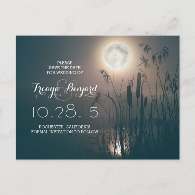 Carte Postale Faire-part dragonfly full moon nuit & cattails enregistrer la (Devant)