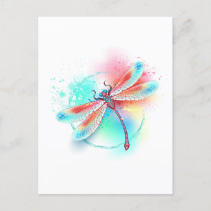 Carte Postale Faire-part Dragonfly rouge sur l'arrière - plan aquarelle