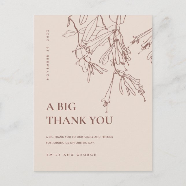 CARTE POSTALE FAIRE-PART DUSKY BLUSH LINE DESSINER MERCI MARIAGE FLORAL (Devant)