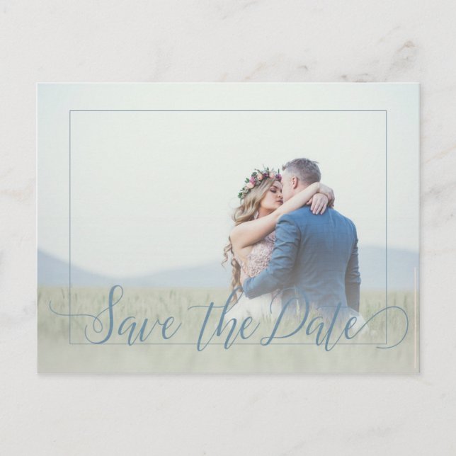 Carte Postale Faire-part Dusty bleu script printemps photo enregistrer date (Devant)