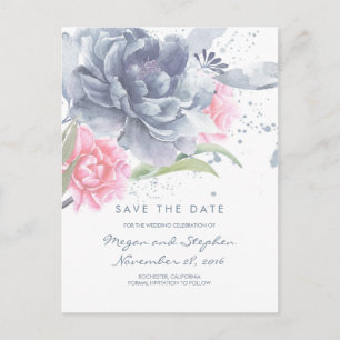 Carte Postale Faire-part Dusty Blue et Rose Quartz Floral Save the Date