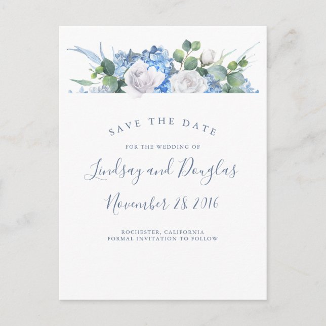 Carte Postale Faire-part Dusty Blue Floral Greenery Hydrangea Enregistrer l (Devant)