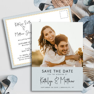 Carte Postale Faire-part Dusty Blue Fun Script Moderne Photo Mariage Économ