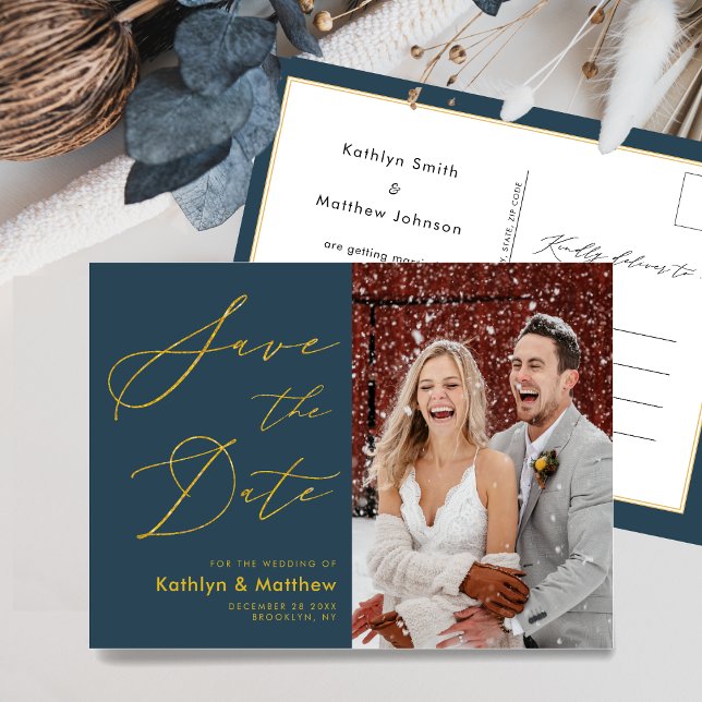 Carte Postale Faire-part Dusty Blue Modern Script Wedding Enregistrer La Da (Créateur téléchargé)