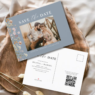 Carte Postale Faire-part Dusty Blue QR Code Fleur sauvage Floral Mariage