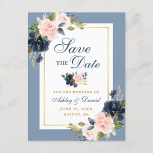 Carte Postale Faire-part Dusty Blue Rose Floral Gold Enregistrer la date