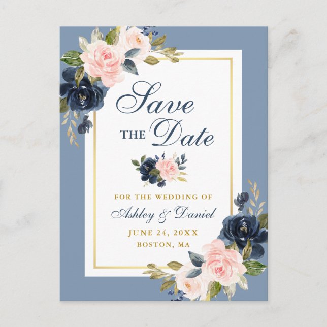 Carte Postale Faire-part Dusty Blue Rose Floral Gold Enregistrer la date (Devant)