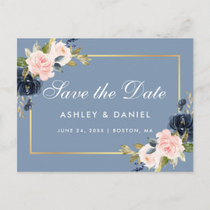 Carte Postale Faire-part Dusty Blue Rose Pâle Floral Or Save the Date
