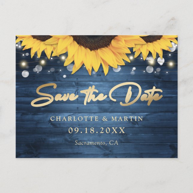 Carte Postale Faire-part Dusty Blue Rustic Tournesol Mariage Enregistrer La (Devant)