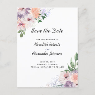 Carte Postale Faire-part Dusty Purple Peach Floral QR Code Enregistrer La D