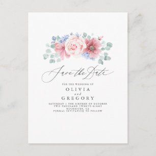 Carte Postale Faire-part Dusty Rose et Dusty Blue Floral Enregistrer la dat