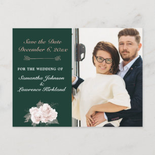 Carte Postale Faire-part Dusty Rose Floral Forest Green Photo Enregistrer l