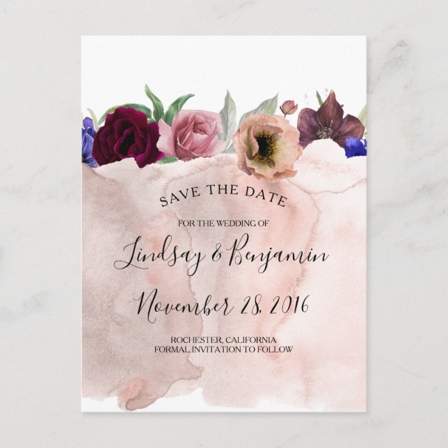 Carte Postale Faire-part Dusty Rose Navy Bourgogne Rouge Floral Enregistrer (Devant)