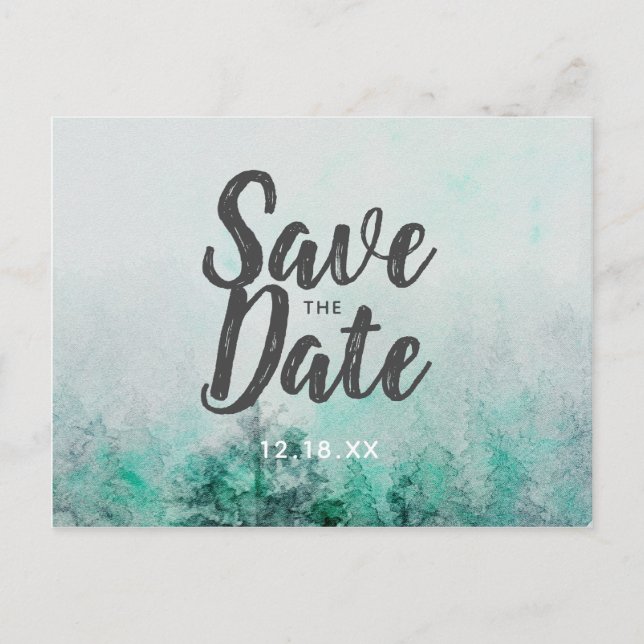 Carte Postale Faire-part Eau de forêt ombrée aquarelle Pins Save the Date (Devant)