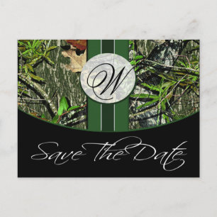 Carte Postale Faire-part Économies de mariage de Camo de monogramme de vert