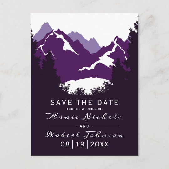 Carte Postale Faire Part Economies De Mariage D Hiver De Montagne Pourpre Zazzle Ca