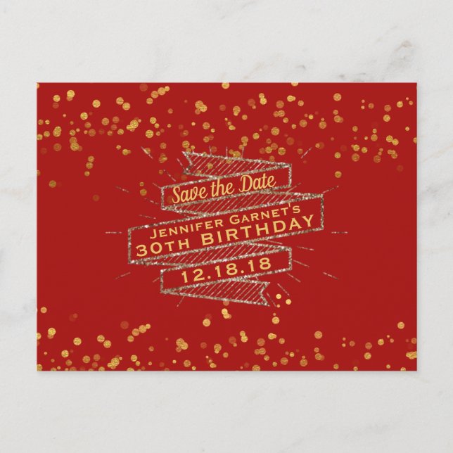Carte Postale Faire-part Économies rouges d'anniversaire de confettis d'or (Devant)