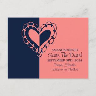 Carte Postale Faire-part Économisez la date coeur bleu et rose capricieux