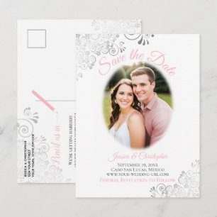 Carte Postale Faire-part Économisez la date de mariage rose avec des fronce