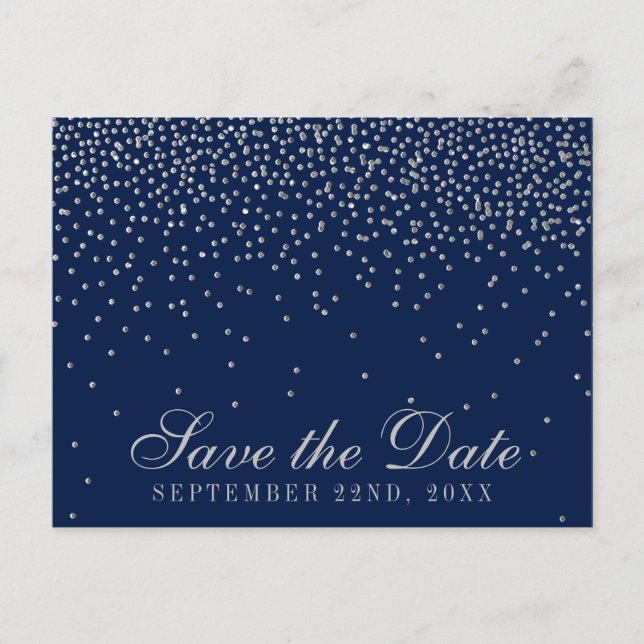 Carte Postale Faire-part Économisez la date en bleu marine et argenté avec  (Devant)