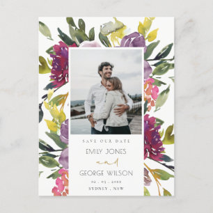 CARTE POSTALE FAIRE-PART ÉCONOMISEZ LA DATE FLEURALE VIOLET BOURGOGNE ROSE
