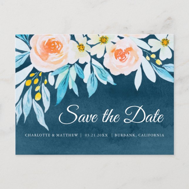 Carte Postale Faire-part Économisez la date florale moderne aquarelle bleu  (Devant)