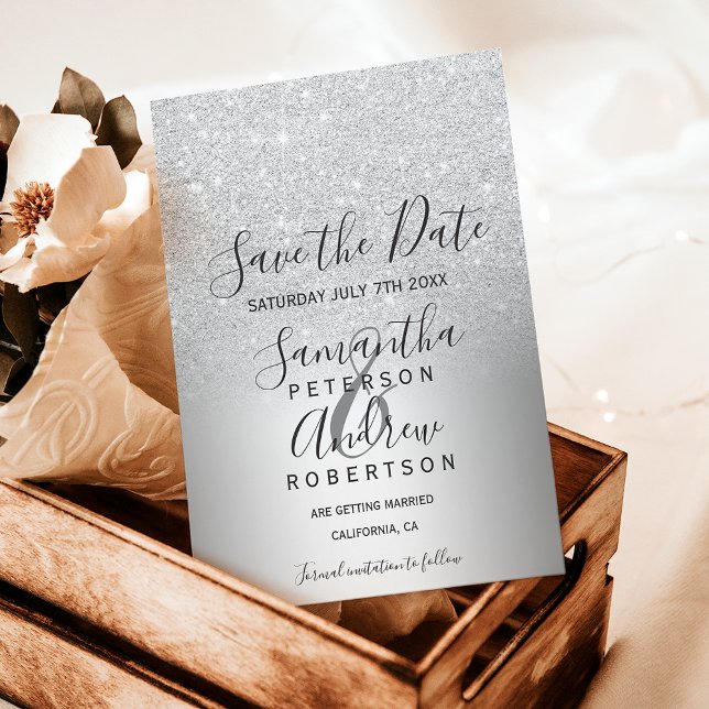 Carte Postale Faire-part Économisez la date métallisée ombrée de paillettes (Silver glitter ombre metallic save the date announcement postcard)