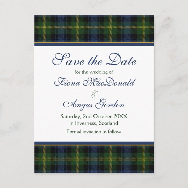 Carte Postale Faire-part Écossais Gordon Tartan Mariage Enregistrer la date (Devant)
