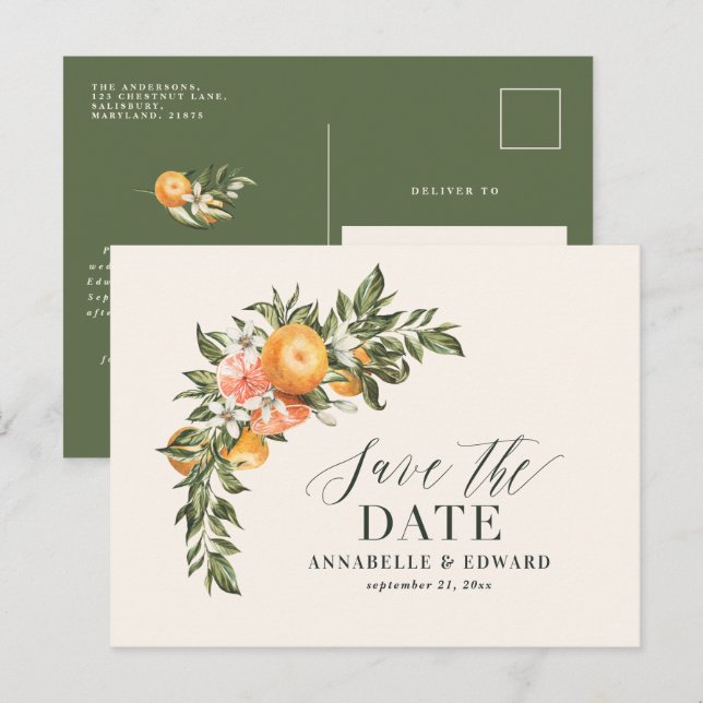 Carte Postale Faire-part Écriture élégante mariage moderne botanique citrus (Devant / Derrière)