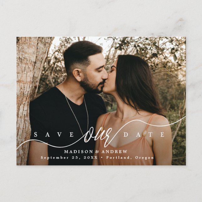 Carte Postale Faire-part Écriture fleurie Photo Enregistrez la date (Devant)