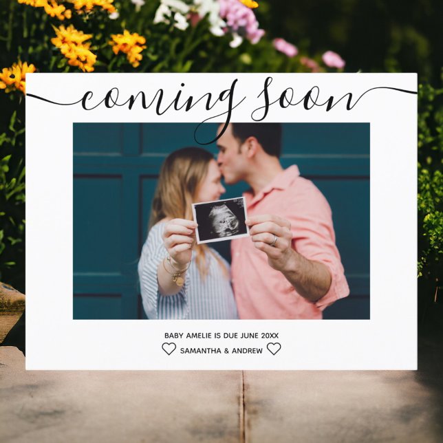 Carte Postale Faire-part Écriture moderne simple photo de grossesse typogra (Modern script simple typography photo pregnancy announcement postcard)