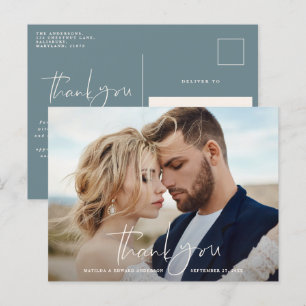 Carte Postale Faire-part Écriture photo mariage merci moderne minimal bleu