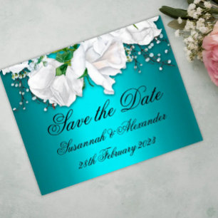 Carte Postale Faire-part Elégant Aqua et Bouquet de Rose blanche Sauvez la