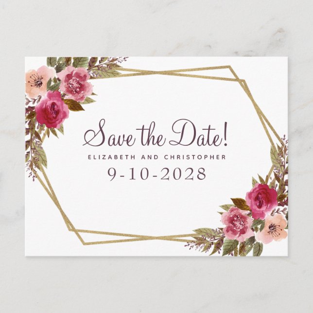 Carte Postale Faire-part Élégant Aquarelle Florale Save The Date Mariage (Devant)
