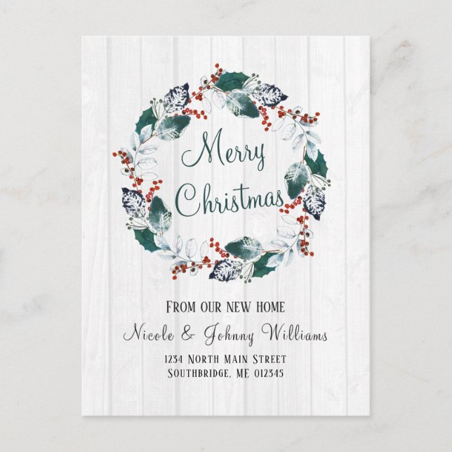 Carte Postale Faire-part Elégant aquarelle Holly Wreath Noël Moving (Devant)