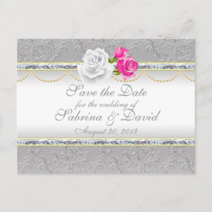 Carte Postale Faire-part Elégant Argent Damas et Rose Sauvez la date