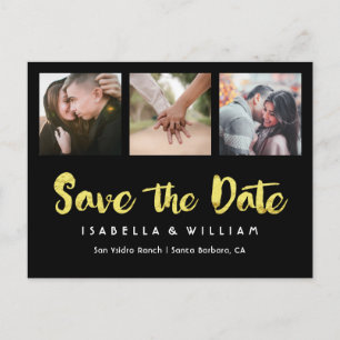 Carte Postale Faire-part Elégant Black Gold Foil Photo Enregistrer la date