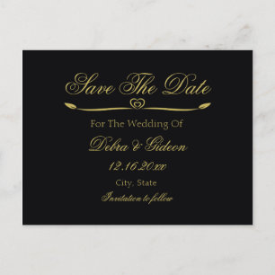 Carte Postale Faire-part Élégant Black & Gold Heart Flourish Enregistrer la