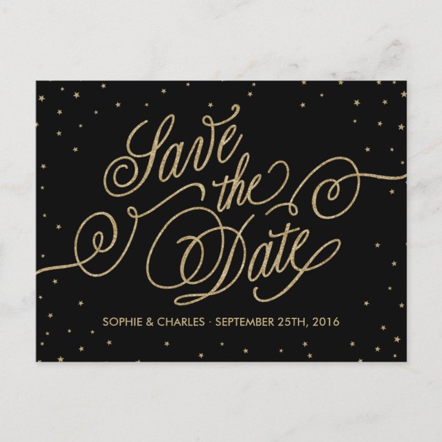 Carte Postale Faire-part Élégant Black & Gold Parties scintillant Stars Enr (Devant)
