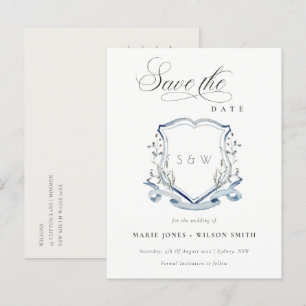 Carte Postale Faire-part Elégant bleu Fleur sauvage Aquarelle Monogram Cres