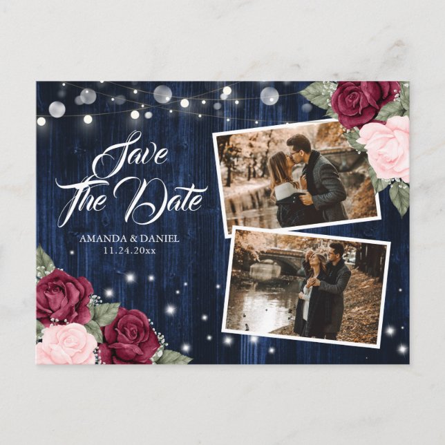 Carte Postale Faire-part Elégant bleu marine Bourgogne bleu Mariage photo (Devant)