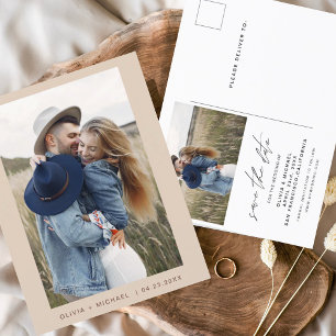 Carte Postale Faire-part Élégant Boho Enregistrer la Date Photo Minimaliste