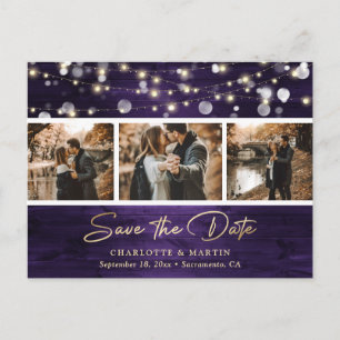 Carte Postale Faire-part Élégant bois rustique violet or Mariage photo