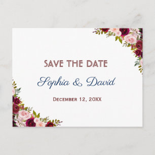 Carte Postale Faire-part Élégant Bourgogne Marsala Floral Fall SAVE DATE