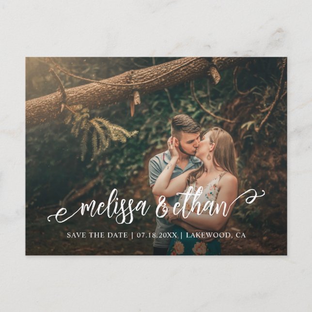 Carte Postale Faire-part Élégant Brush Script Photo Mariage Enregistrer La  (Devant)