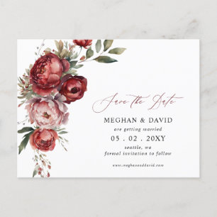 Carte Postale Faire-part Élégant Burgundy Blush Floral Enregistrer la date