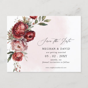 Carte Postale Faire-part Élégant Burgundy Blush Floral Enregistrer la date